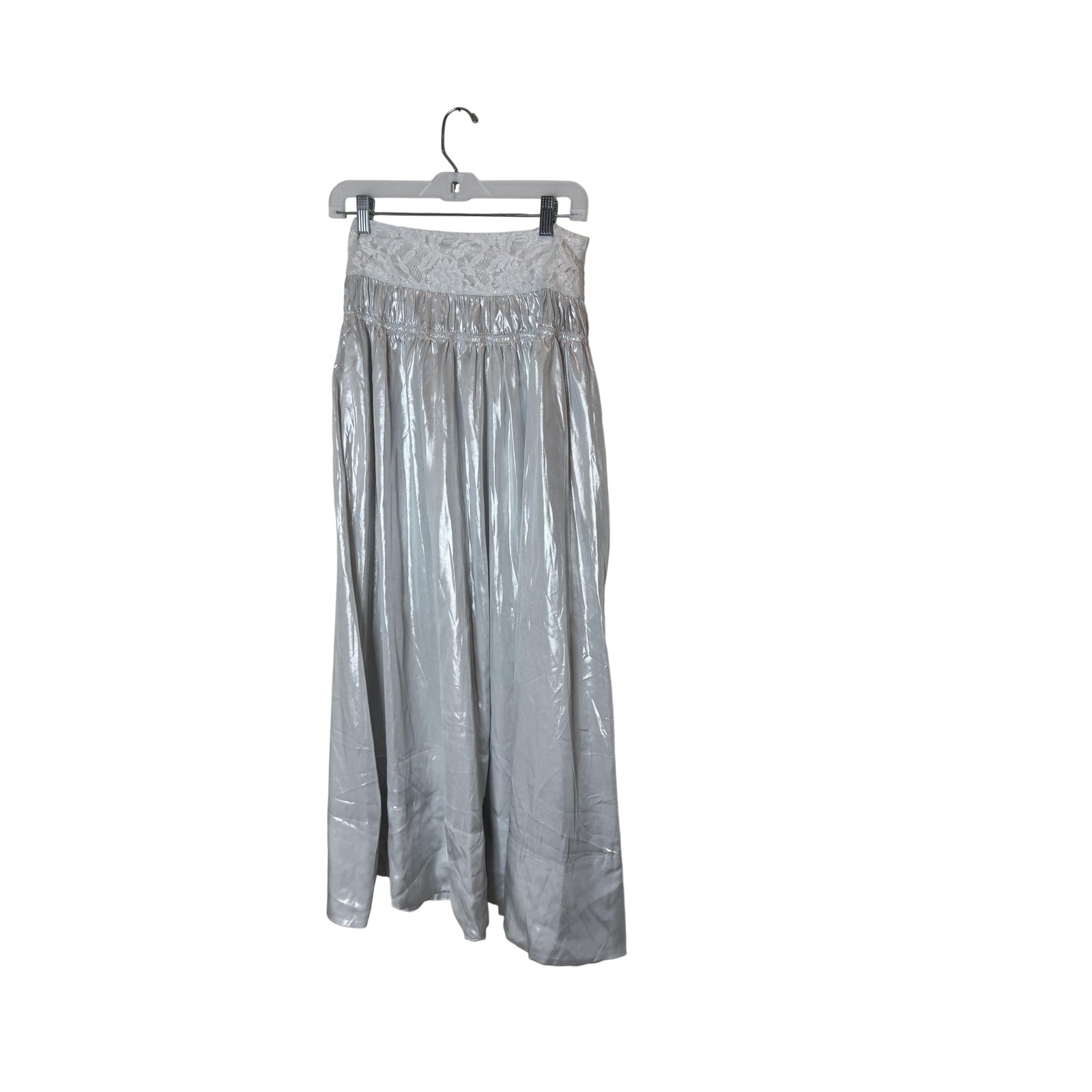 Free People Skirt Womens Xs Silver Satin Lace Waist Maxi Metallic Lined Party
